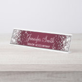 Girly Silver Glitzer Burgundy Gradient Schreibtischnamensplakette (Vorderseite )