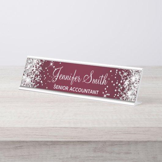 Girly Silver Glitzer Burgundy Gradient Schreibtischnamensplakette (Vorderseite )
