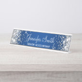 Girly Silver Glitzer Deep Blue Gradient Schreibtischnamensplakette (Vorderseite )