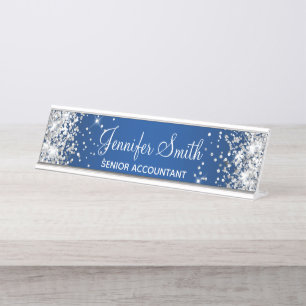 Girly Silver Glitzer Deep Blue Gradient Schreibtischnamensplakette