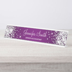 Girly Silver Glitzer Eggplant Lila Gradient Schreibtischnamensplakette