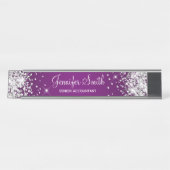 Girly Silver Glitzer Eggplant Lila Gradient Schreibtischnamensplakette (Vorderseite )