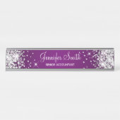 Girly Silver Glitzer Eggplant Lila Gradient Schreibtischnamensplakette (Vorderseite )