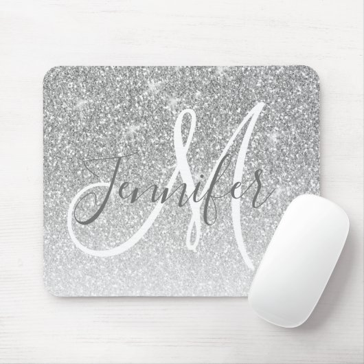 Girly Silver Glitzer Glitzern Grau Monogramm Name Mousepad (Mit Mouse)