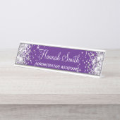 Girly Silver Glitzer Royal Lila Schreibtischnamensplakette (Vorderseite )