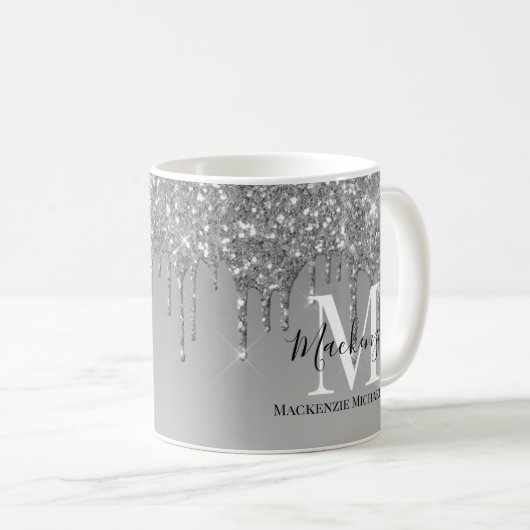 Girly Silver Gray Glitzer Monogram Name Kaffeetasse (VorderseiteRechts)