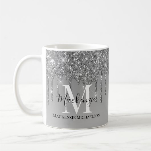 Girly Silver Gray Glitzer Monogram Name Kaffeetasse (Links)