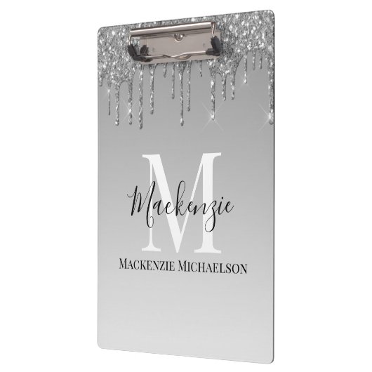 Girly Silver Gray Glitzer Monogram Name Klemmbrett (Links)