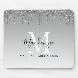 Girly Silver Gray Glitzer Monogram Name Mousepad
