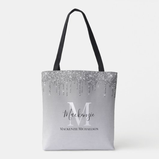 Girly Silver Gray Glitzer Monogram Name Tasche (Rückseite)