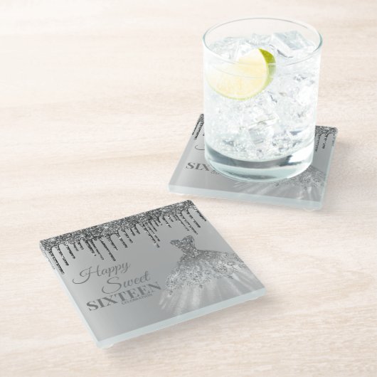 Girly Silver Sweet 16 Birthday Ball Gown Tropfen Glasuntersetzer (Schrägansicht)