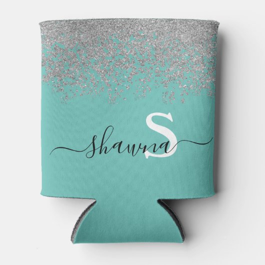 Girly Silver und Aquamarin Monogram Aqua Sparkle Dosenkühler (Vorderseite)