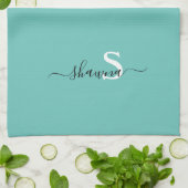 Girly Silver und Aquamarin Monogram Aqua Sparkle Geschirrtuch (Gefaltet)