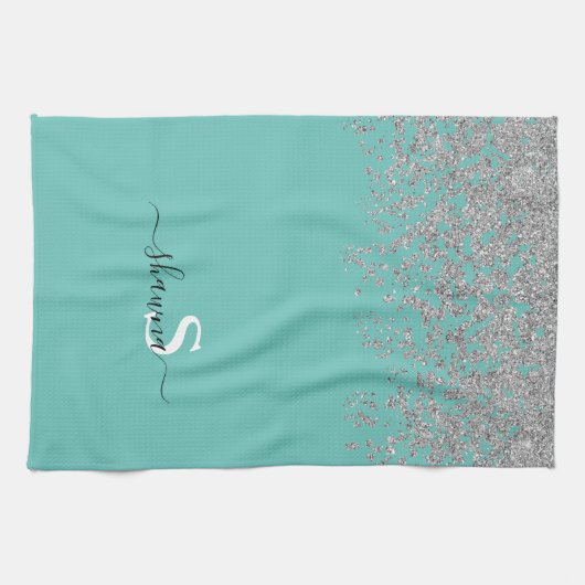 Girly Silver und Aquamarin Monogram Aqua Sparkle Geschirrtuch (Horizontal)