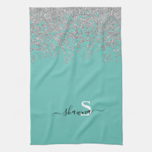 Girly Silver und Aquamarin Monogram Aqua Sparkle Geschirrtuch