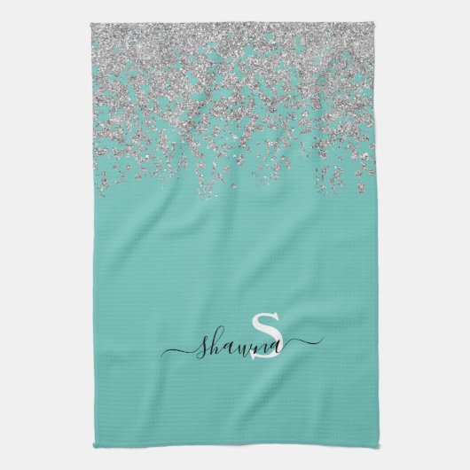 Girly Silver und Aquamarin Monogram Aqua Sparkle Geschirrtuch (Vertikal)