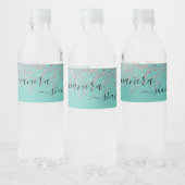Girly Silver und Aquamarin Monogram Aqua Sparkle Wasserflaschenetikett (Flaschen)