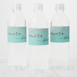 Girly Silver und Aquamarin Monogram Aqua Sparkle Wasserflaschenetikett
