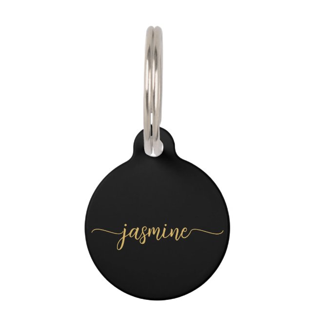 Girly Simple Black and Gold Monogram Script Haustiermarke (Vorderseite)
