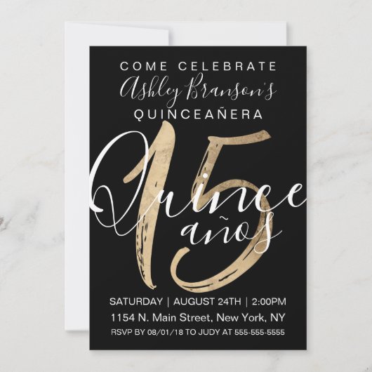Girly Simple Black and White Gold Foil Quinceañera Einladung (Vorderseite)