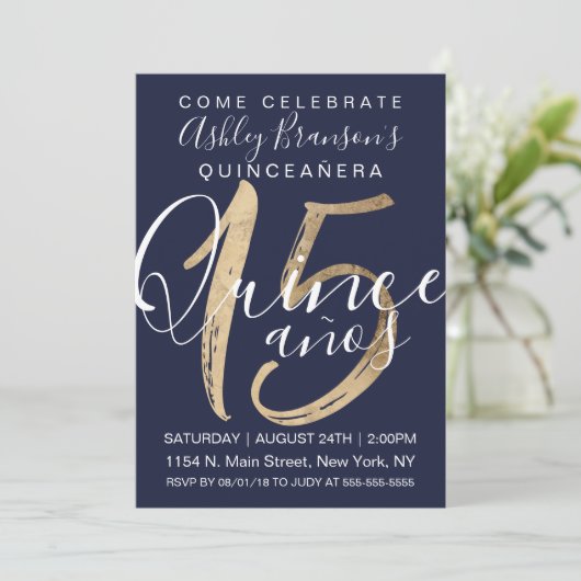 Girly Simple Navy Blue Gold Fossil Quinceñera Einladung (Stehend Vorderseite)