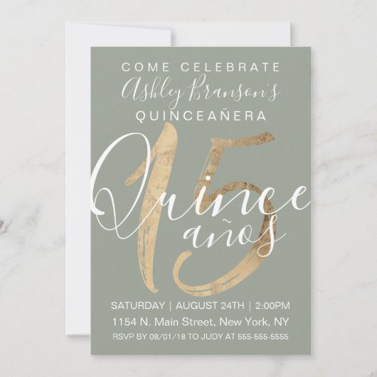 Girly Simple Sage Green Gold Foil Quinceañera Einladung (Vorderseite)