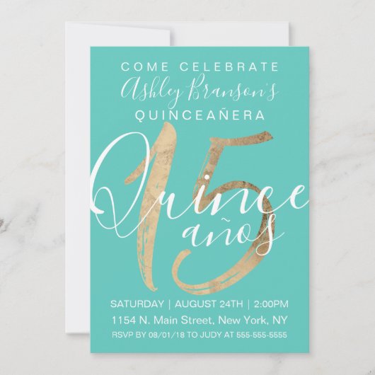 Girly Simple Turquoise Green Gold Foil Quinceañera Einladung (Vorderseite)