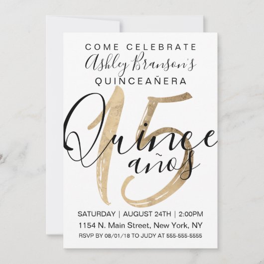 Girly Simple White Gold Foil Quinceañera Einladung (Vorderseite)