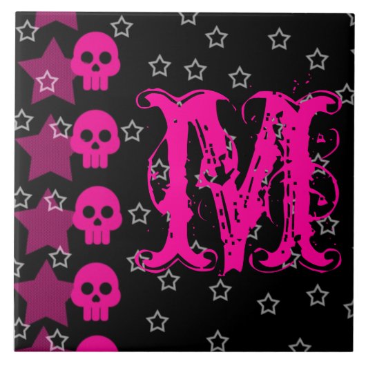 Girly Skull EMO Punk Rocker Monogram Display Tile Fliese (Vorderseite)