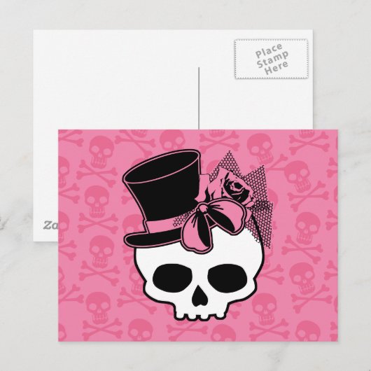 Girly Skull mit Hut und Rosa Bow Postkarte (Vorne/Hinten)