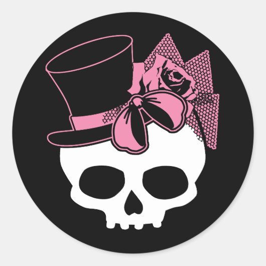 Girly Skull mit Hut und Rosa Bow Runder Aufkleber (Vorderseite)