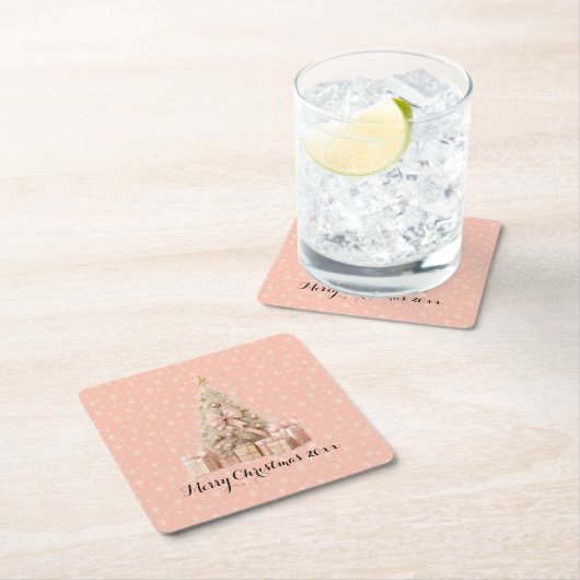 Girly Soft Pink Weihnachtsbaum & individuelle Grüß Rechteckiger Pappuntersetzer (Vor Ort)