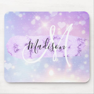 Girly Sparkly Unicorn Rainbow Hearts Monogram Mousepad
