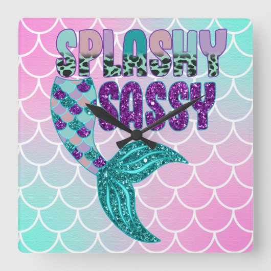 Girly Splashy Sassy Pink Lila Green Mermaid Schwan Quadratische Wanduhr (Vorderseite)