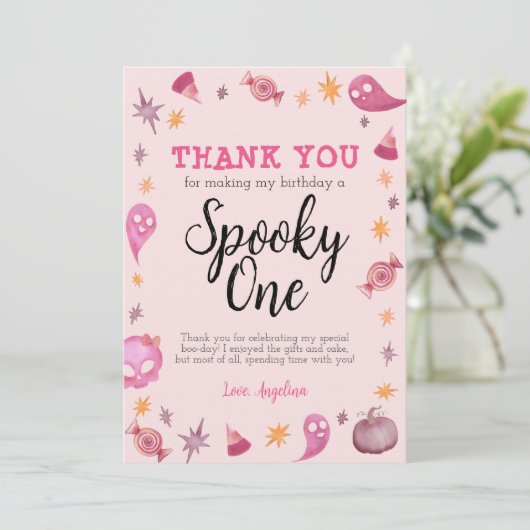 Girly Spooky One Birthday Dankeschön Karte (Stehend Vorderseite)