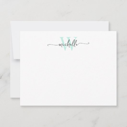 Girly Stylish Gray Aqua Monogram Name Script Mitteilungskarte (Vorderseite)