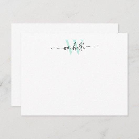Girly Stylish Gray Aqua Monogram Name Script Mitteilungskarte (Vorne/Hinten)