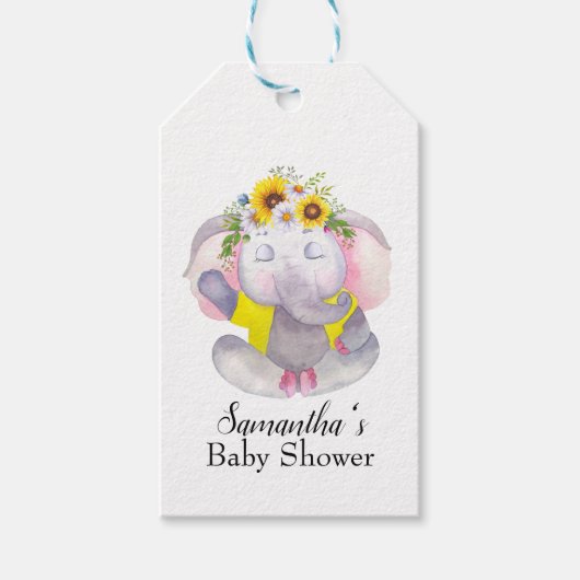 Girly Sunflower Baby Elephant Baby Dusche Geschenkanhänger (Vorderseite)