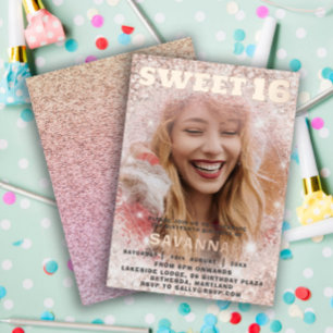 Girly Sweet 16 Rose Gold Calligraphy & Glitzer Folieneinladung