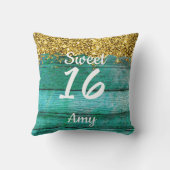 Girly Sweet 16 Turquoise Gold Glitzer Name Kissen (Rückseite)