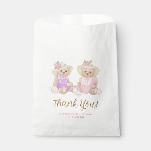 Girly Tea Party Bears Kinderdusche Danke Geschenktütchen (Vorderseite)