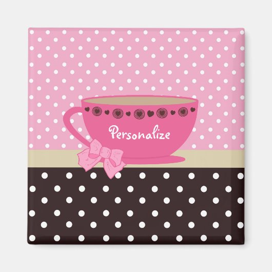 Girly Teacup Pink und Brown Polka Dot Bow und Name Magnet (Vorne)