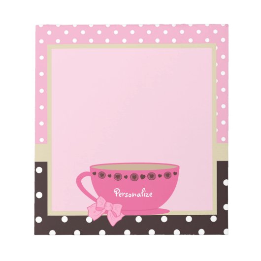 Girly Teacup Pink und Brown Polka Dot Bow und Name Notizblock (Vorderseite)