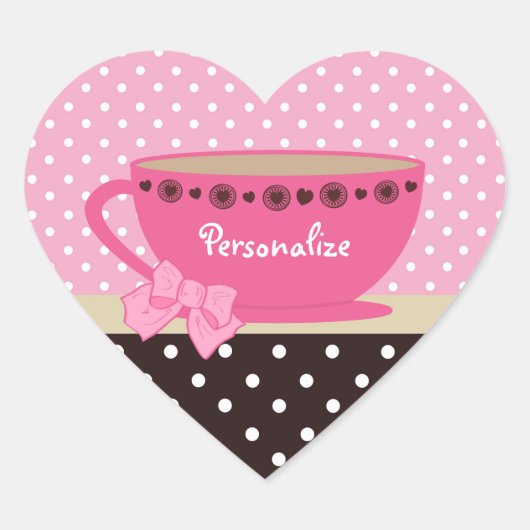 Girly Teacup Pink und Brown Polka Dots Herz-Aufkleber (Vorderseite)
