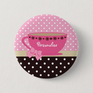 Girly Teacup-Rosa und Brown-Tupfen-Bogen und Name Button