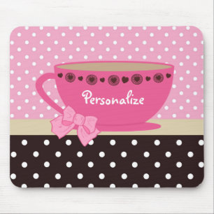 Girly Teacup-Rosa und Brown-Tupfen-Bogen und Name Mousepad