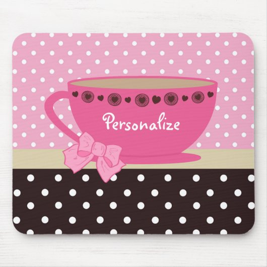 Girly Teacup-Rosa und Brown-Tupfen-Bogen und Name Mousepad (Vorne)