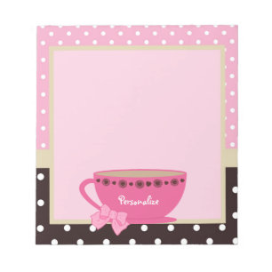 Girly Teacup-Rosa und Brown-Tupfen-Bogen und Name Notizblock