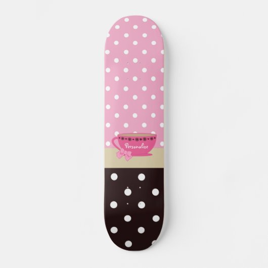 Girly Teacup-Rosa und Brown-Tupfen-Bogen und Name Skateboard (Vorderseite)