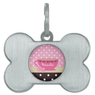 Girly Teacup-Rosa und Brown-Tupfen-Bogen und Name Tiermarke